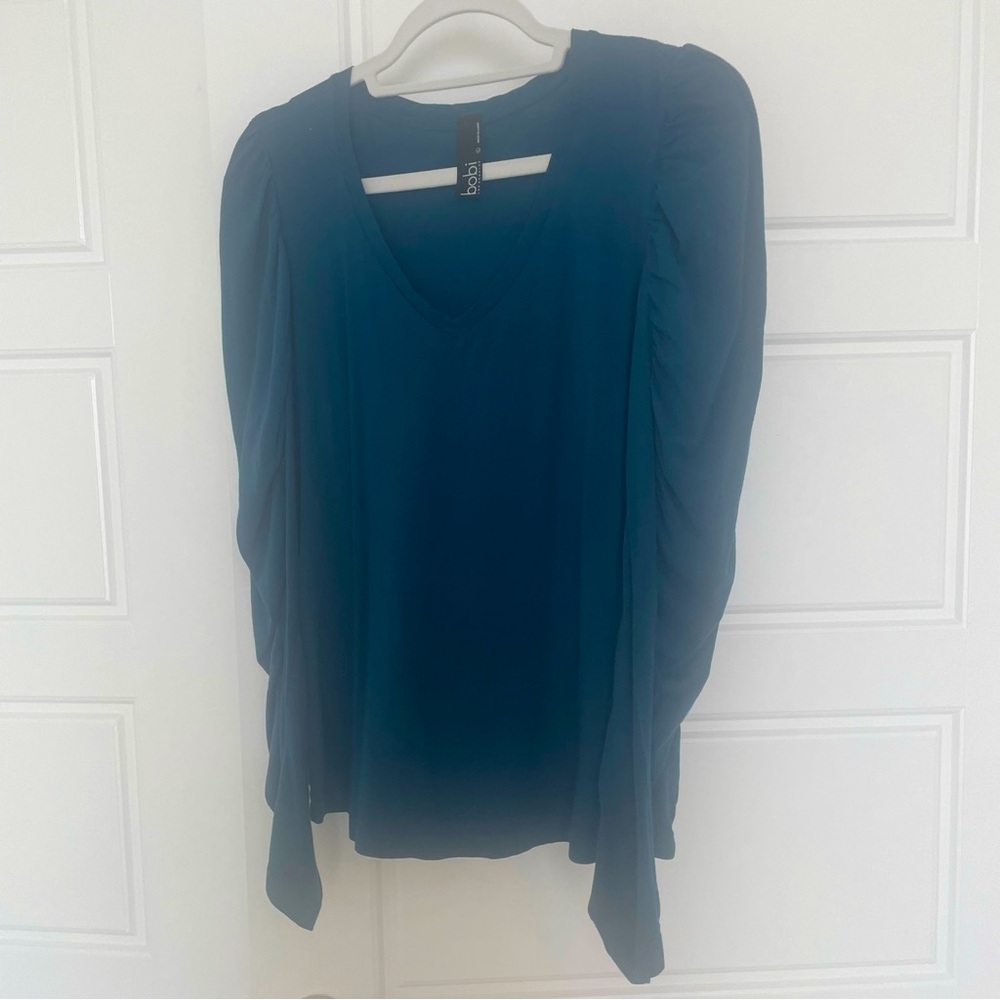Bobi Teal V-Neck Long Puff Sleeve Top Size Large